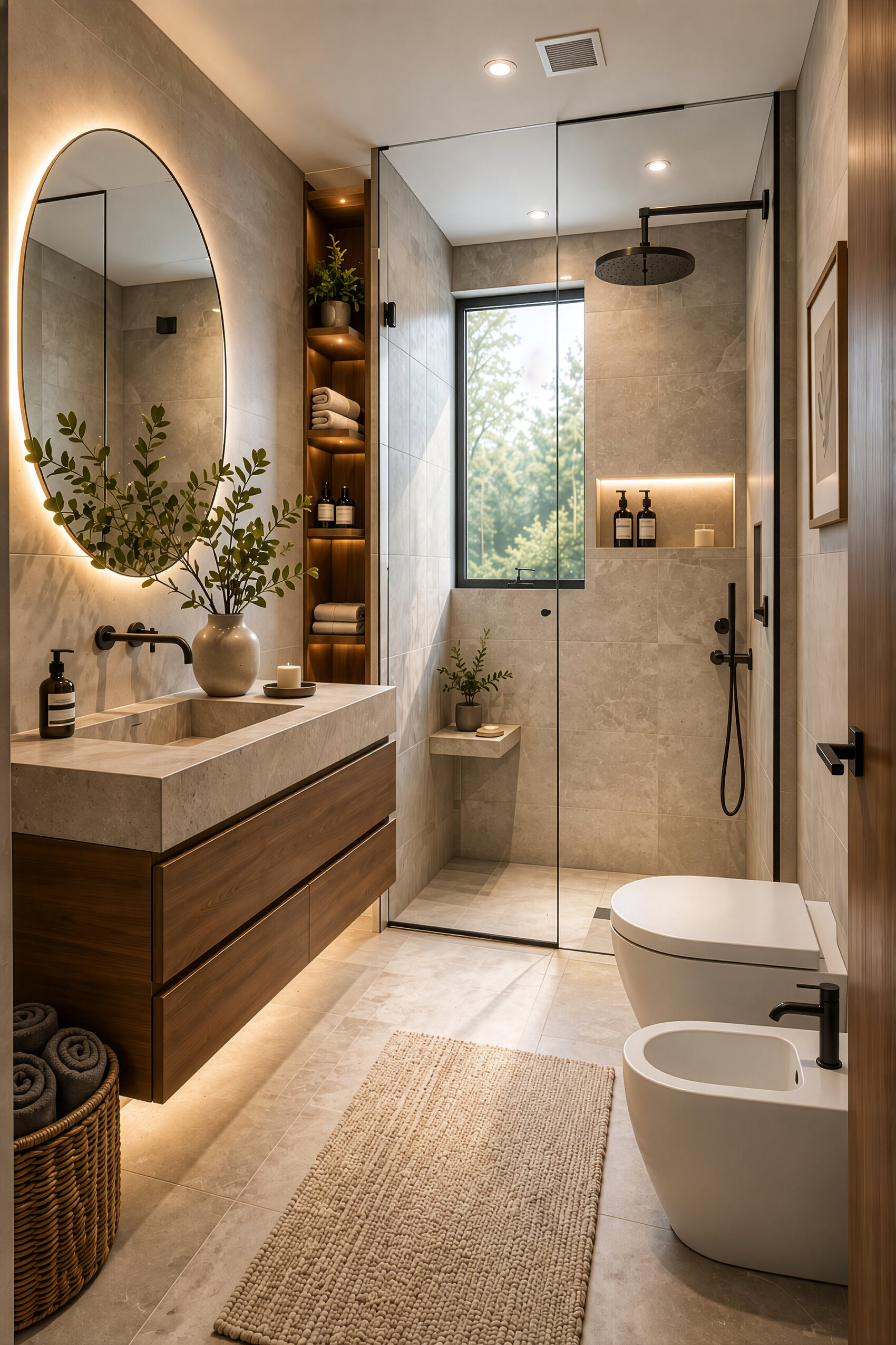 Bagno con doccia, mobile sospeso e specchio retroilluminato