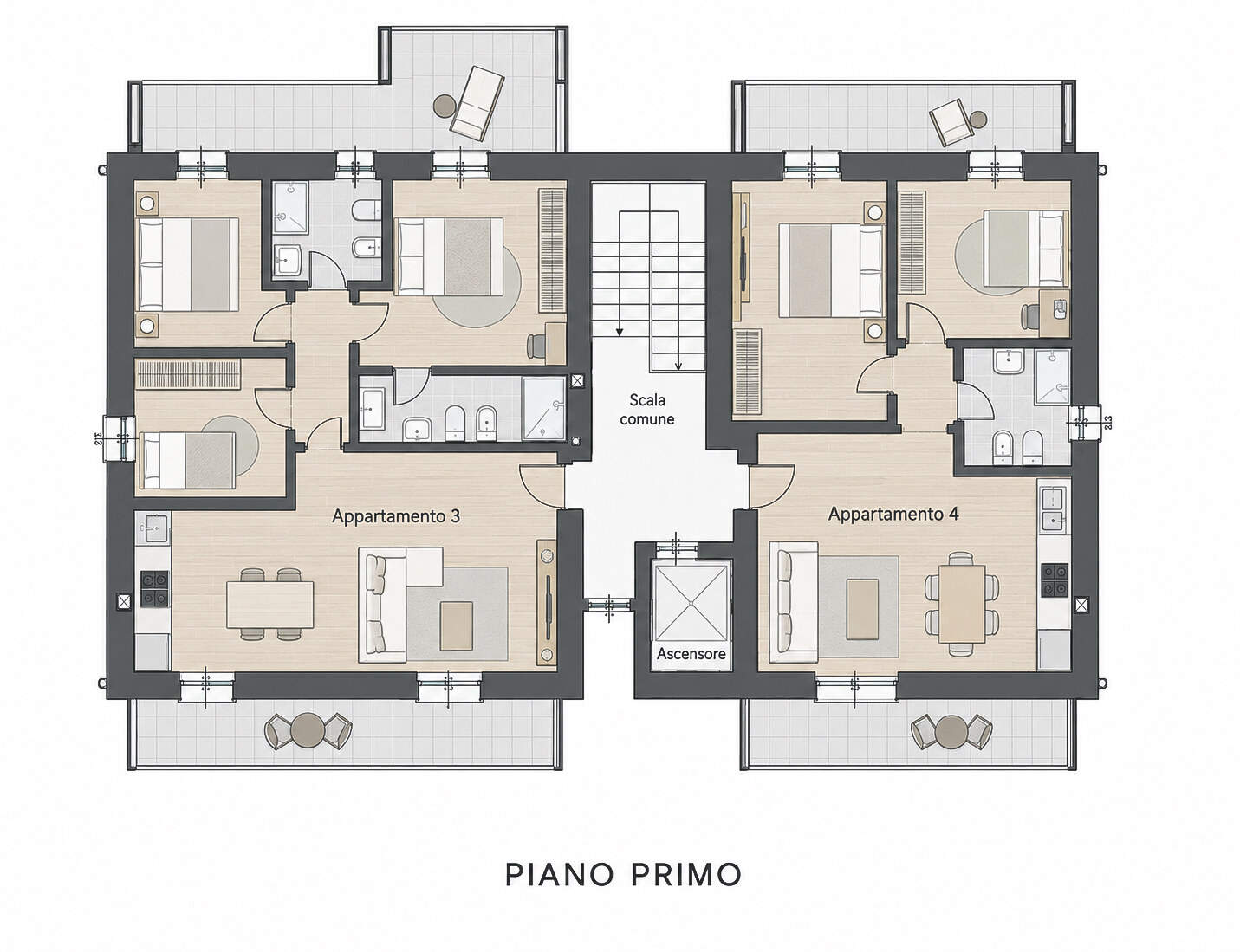 Planimetria del piano primo con Appartamento 3 e 4, logge e terrazzi