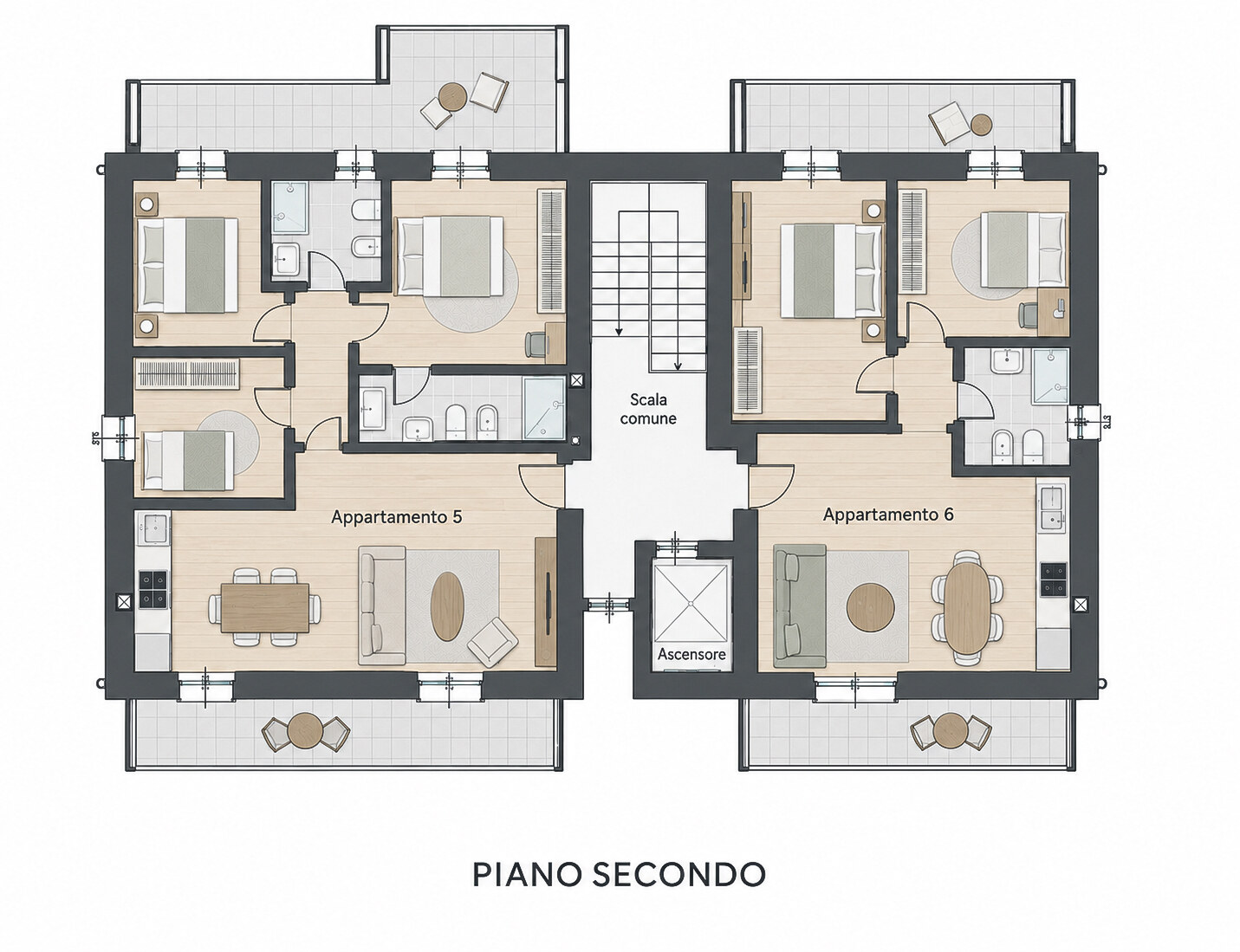 Planimetria del piano secondo con Appartamento 5 e 6, logge e terrazzi