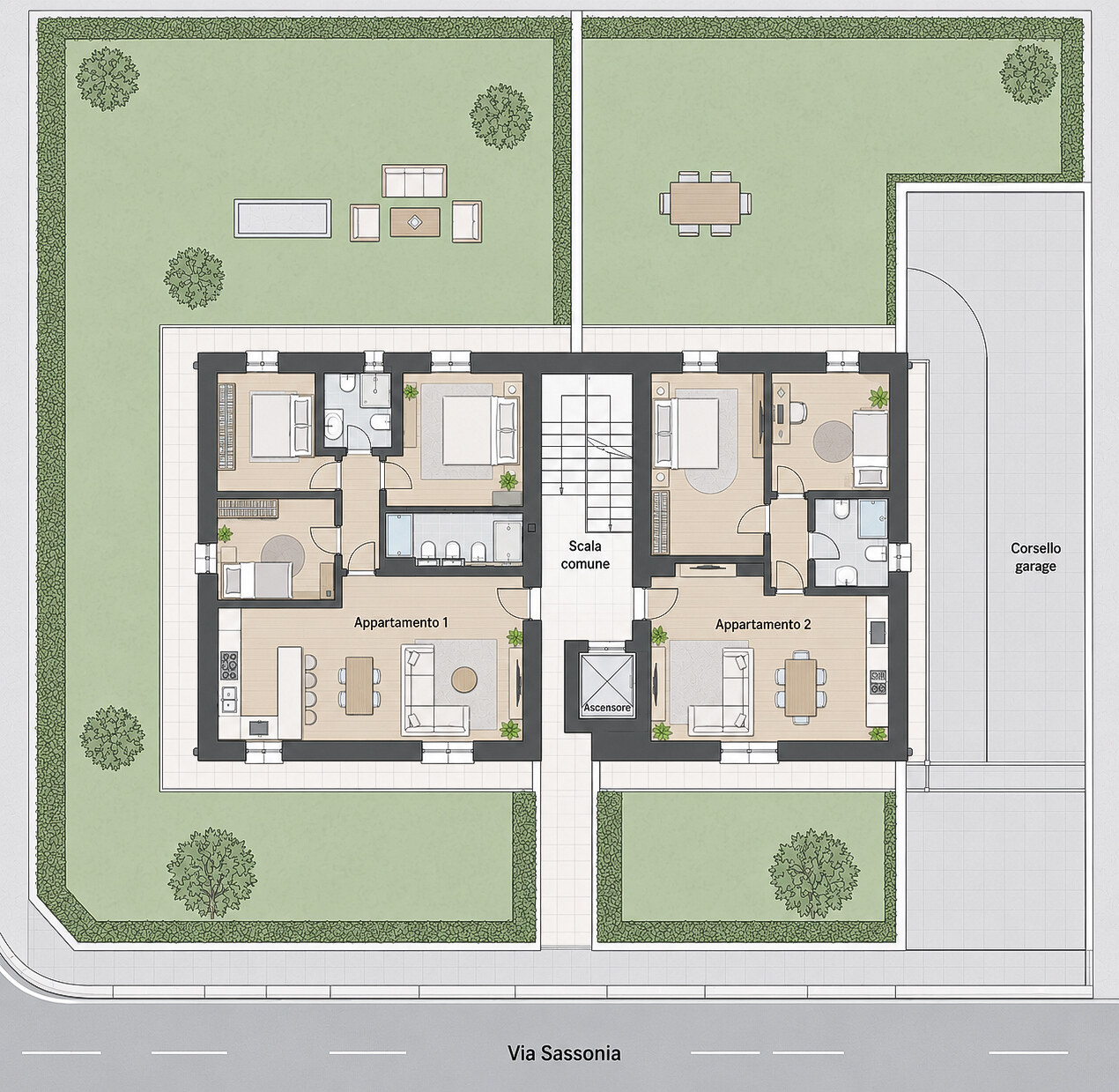Planimetria del piano terra con Appartamento 1 e 2, giardini privati e corsello garage